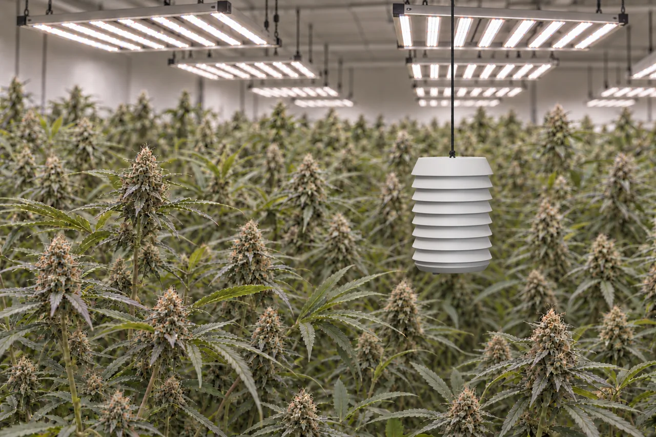 White Arcana Grow climate node suspended among flowering plants beneath cultivation lights.